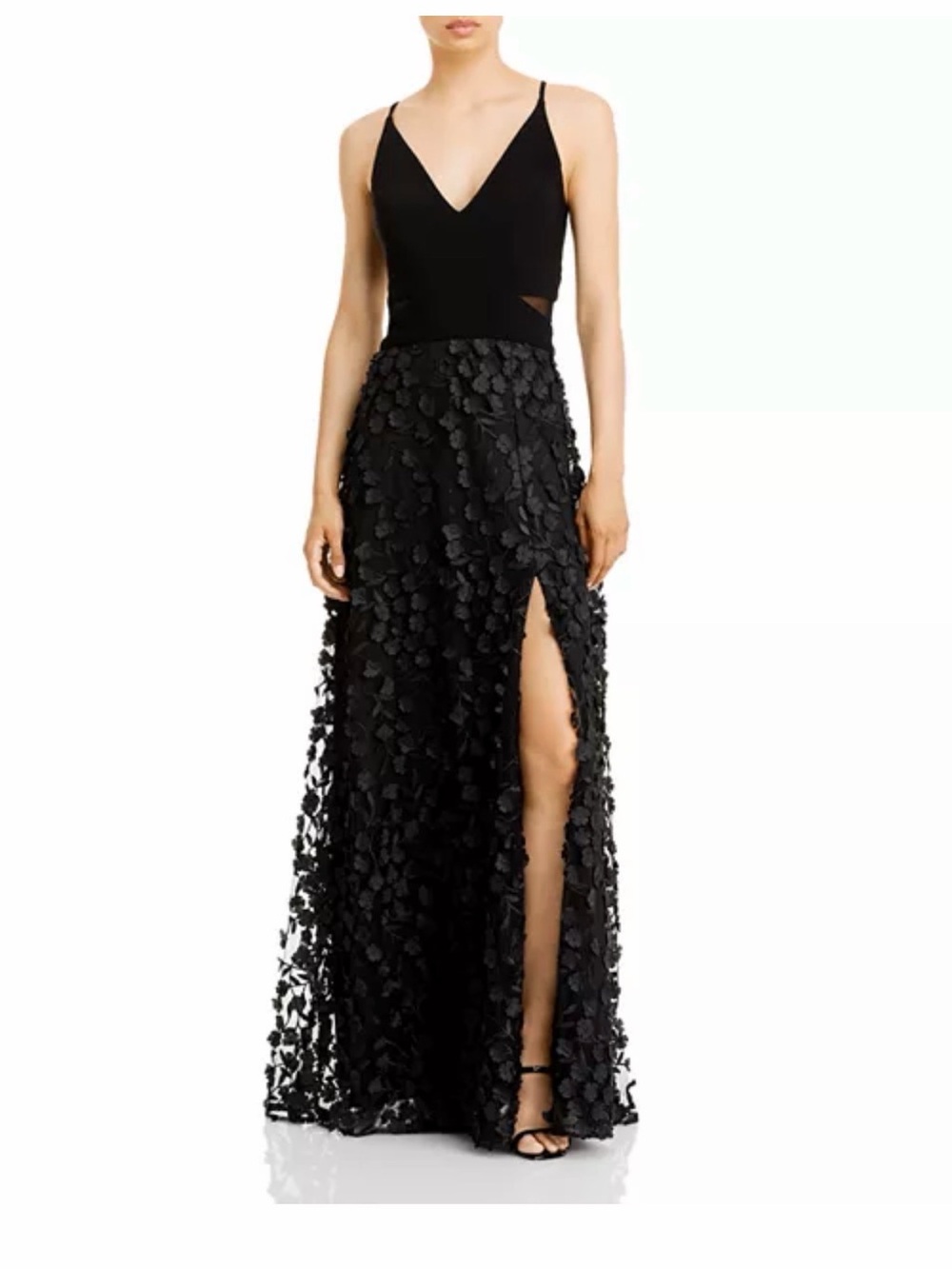 Bloomingdale's Black Floral-Appliqué Spaghetti-Strap Maxi Dress